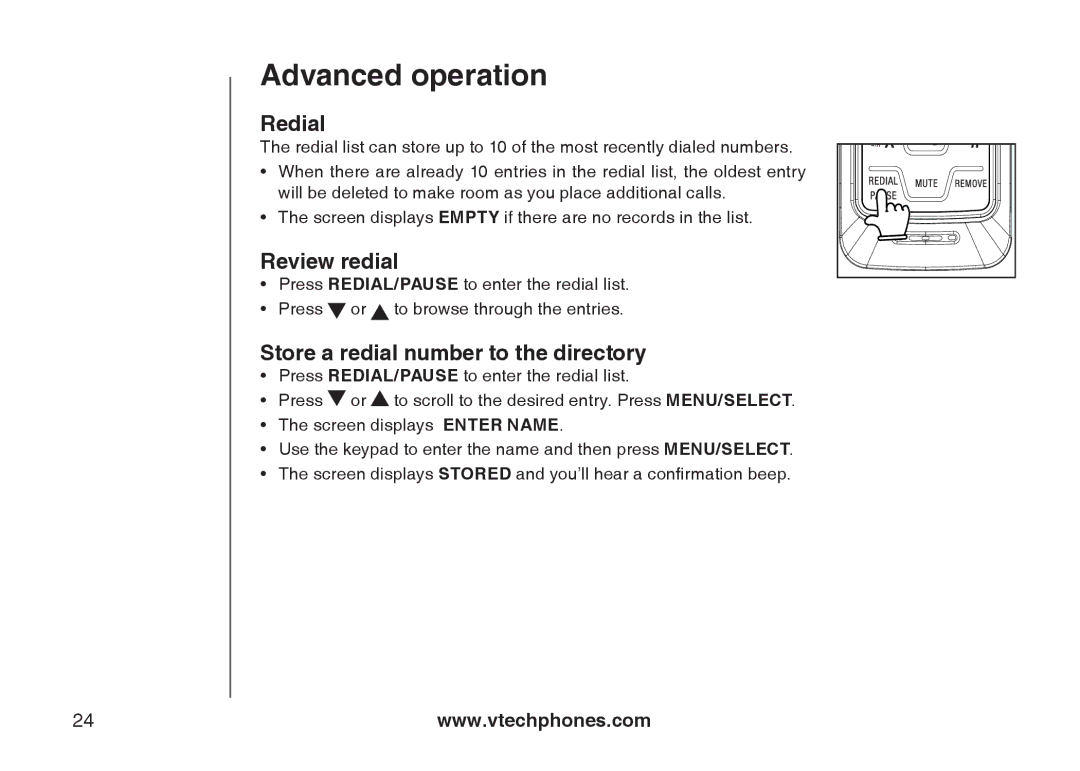 VTech 6031 important safety instructions Redial, Review redial, Store a redial number to the directory 