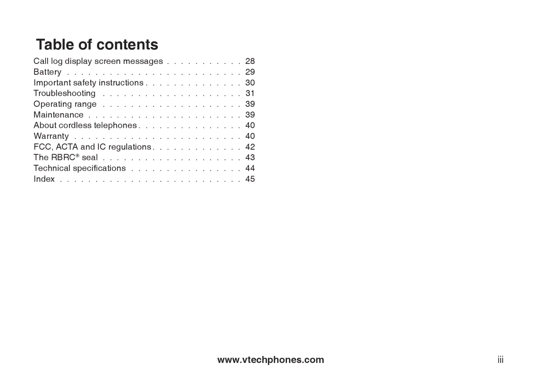 VTech 6031 important safety instructions Table of contents 