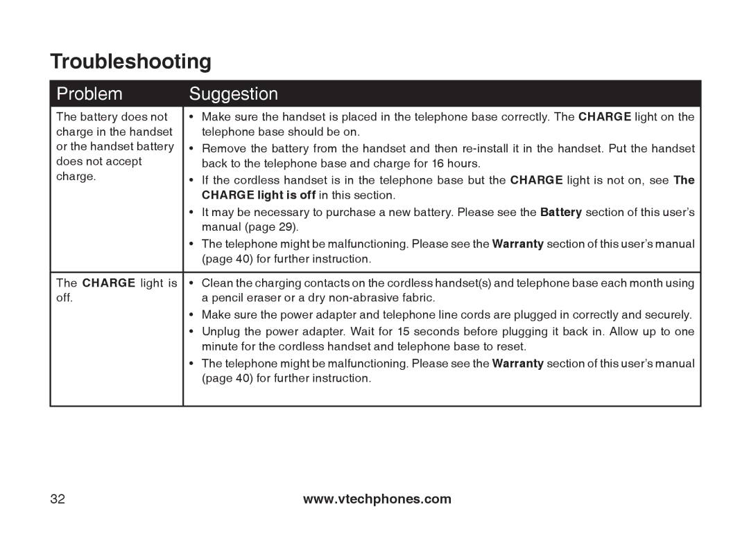 VTech 6031 important safety instructions Charge light is off in this section 