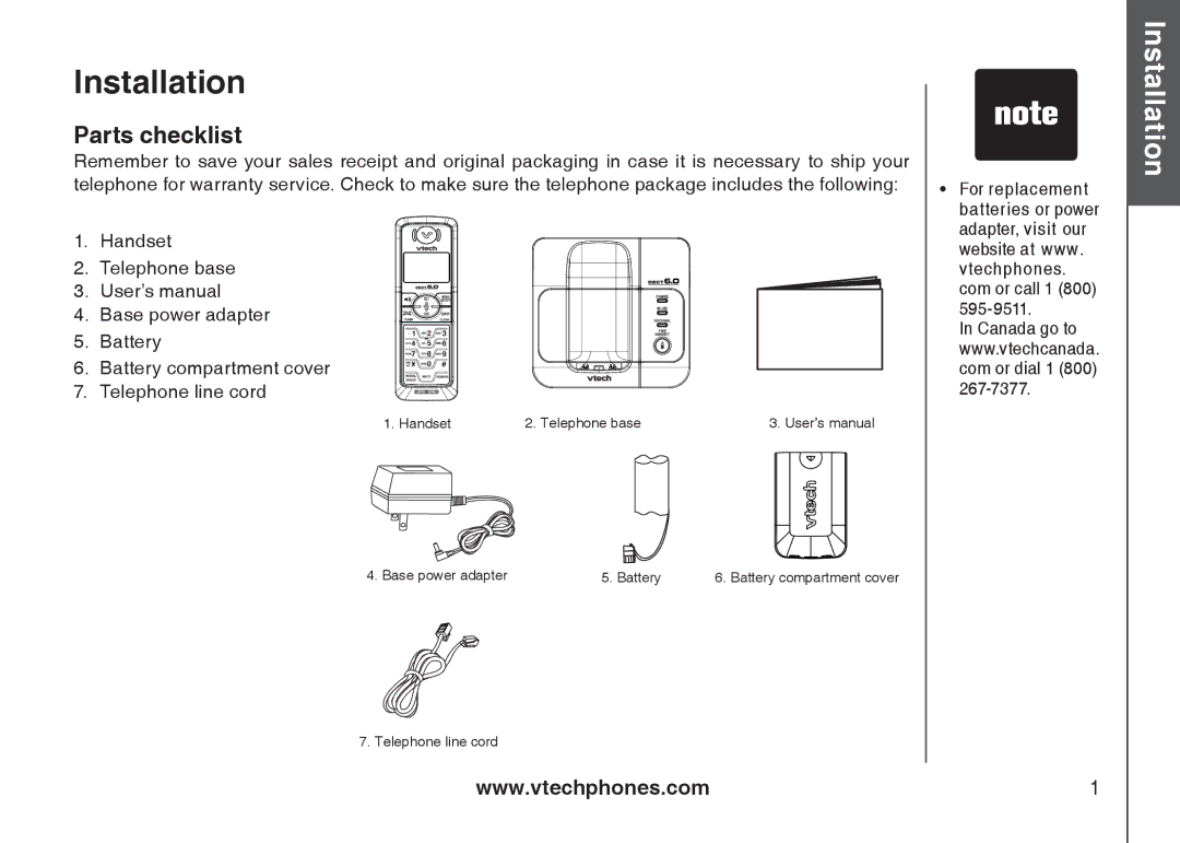 VTech 6031 important safety instructions Installation, Parts checklist 