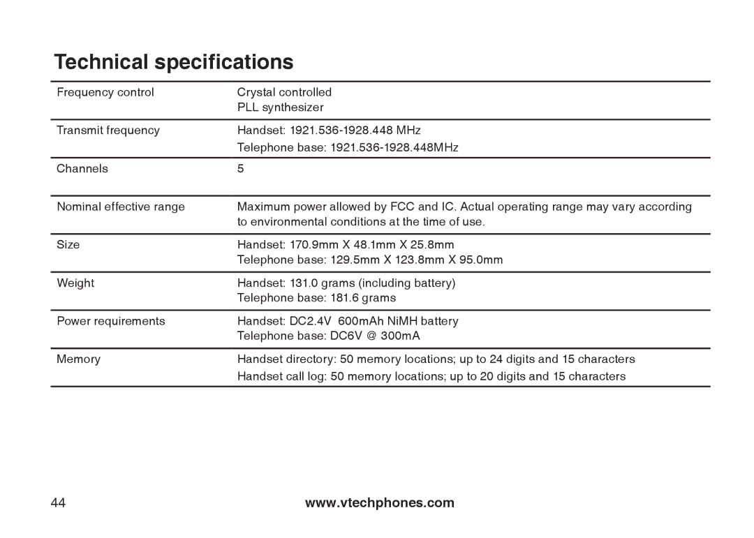 VTech 6031 important safety instructions Technical specifications 