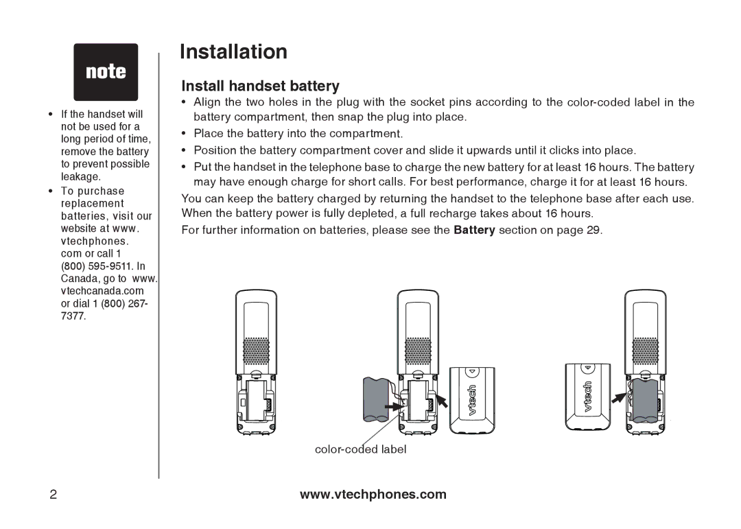 VTech 6031 important safety instructions Install handset battery 