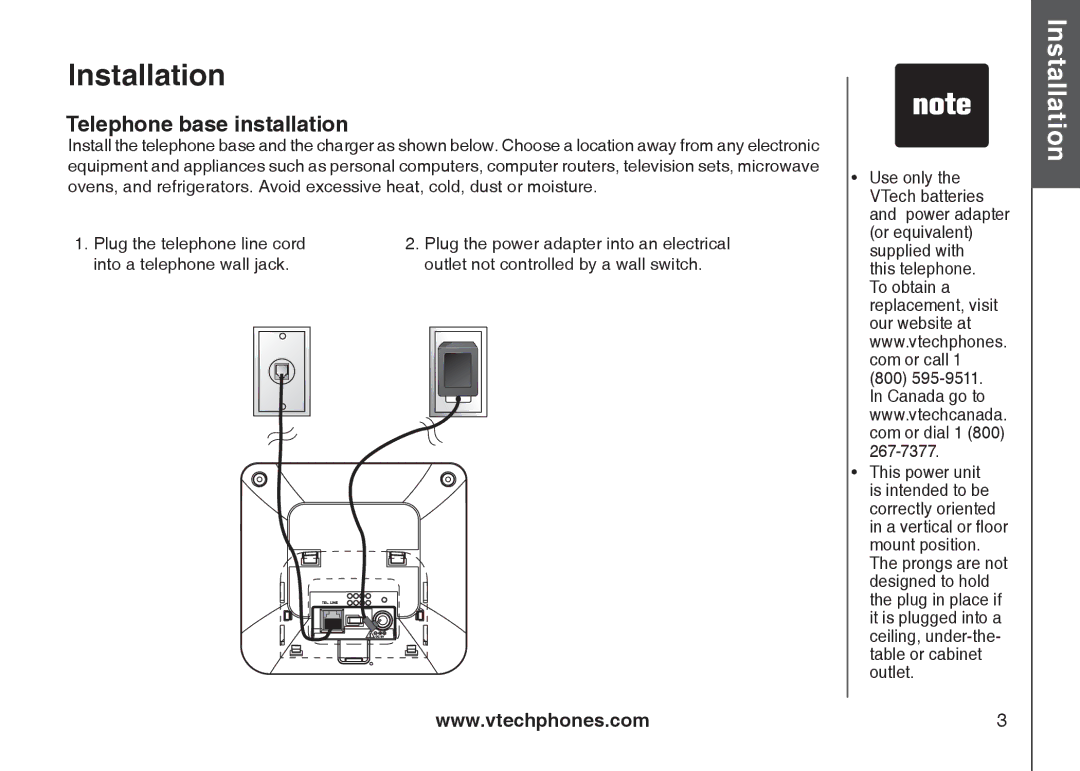 VTech 6031 important safety instructions Telephone base installation, Outlet not controlled by a wall switch 