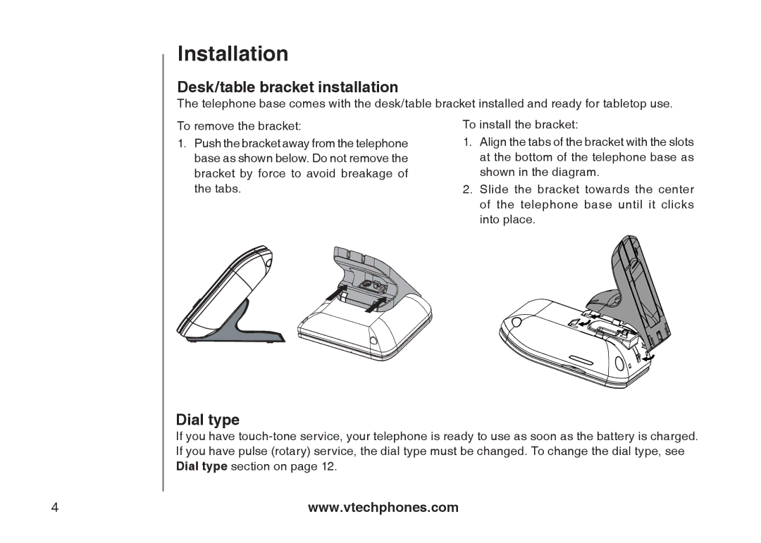 VTech 6031 important safety instructions Desk/table bracket installation, Dial type 