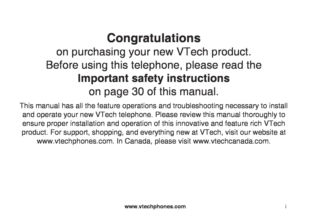 VTech 6031 important safety instructions Congratulations, Important safety instructions, on page 30 of this manual 