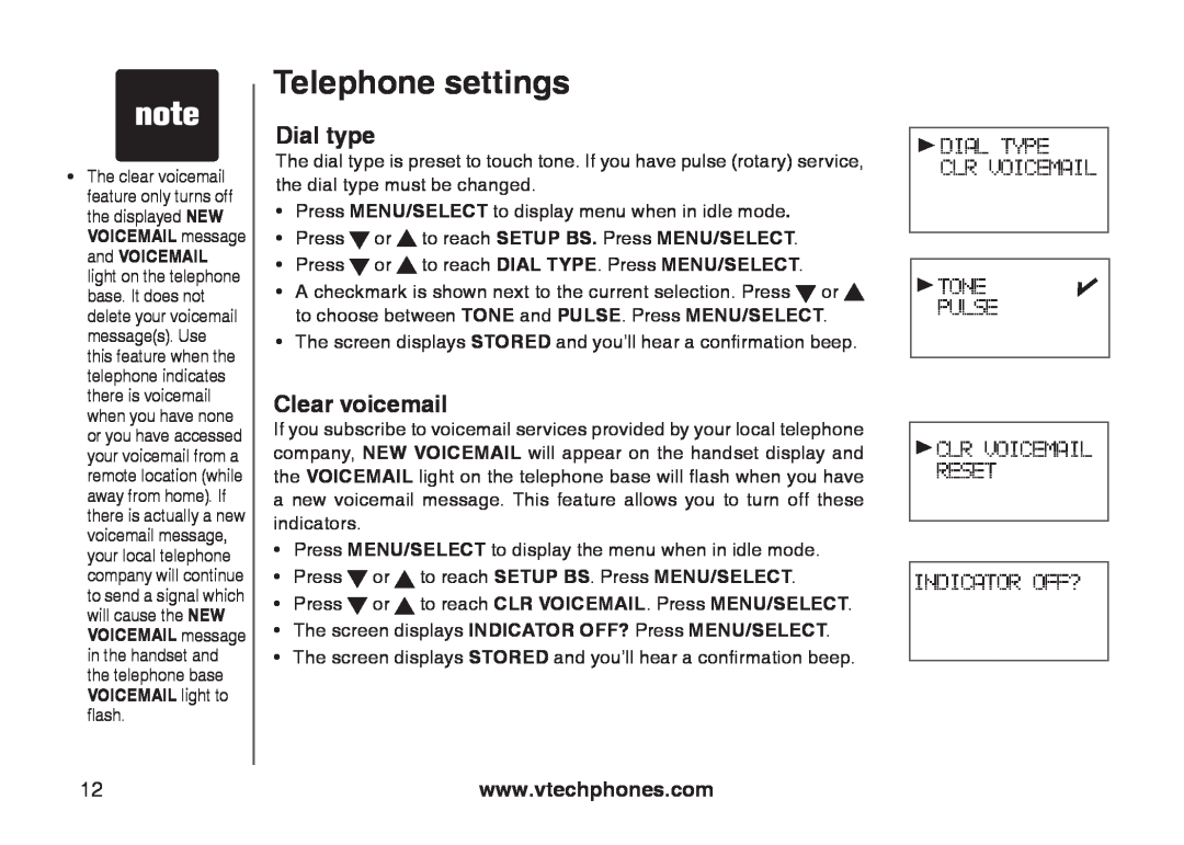 VTech 6031 Clear voicemail, Telephone settings, Dial type, Press MENU/SELECT to display menu when in idle mode 