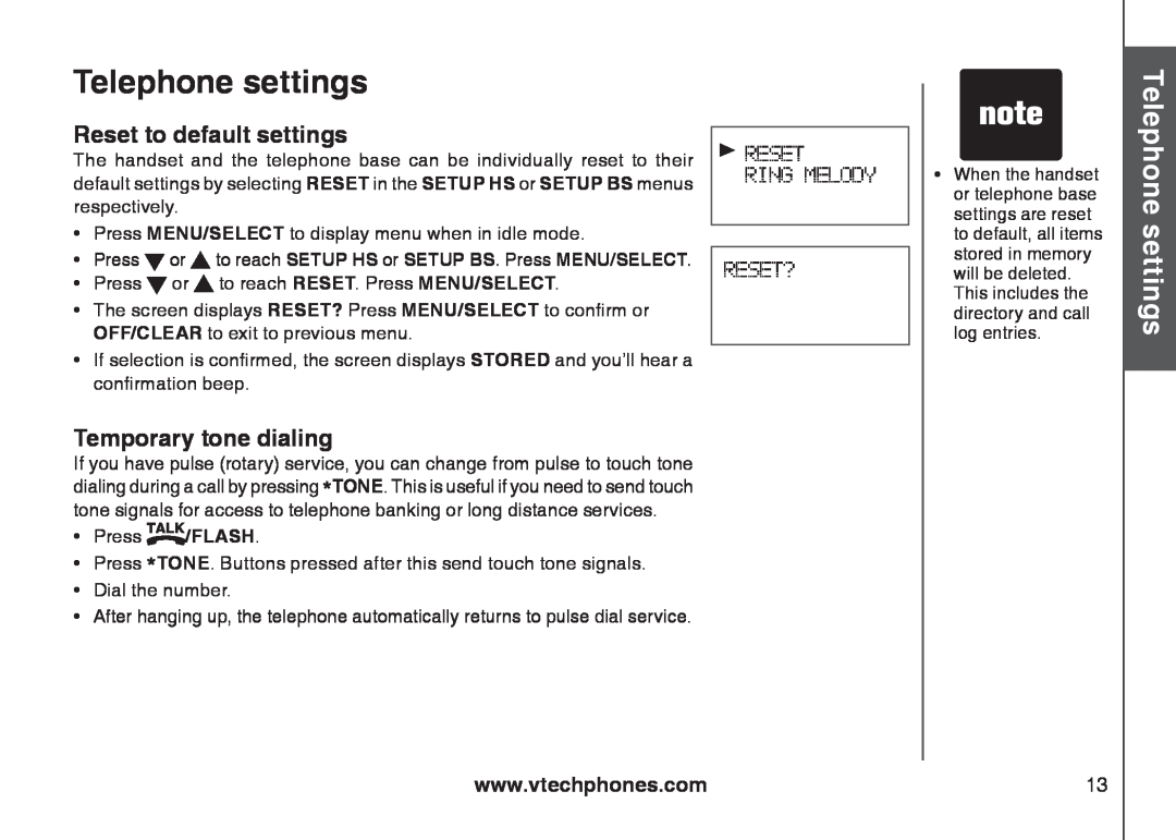 VTech 6031 Reset to default settings, Temporary tone dialing, Telephone settingsBasic operation 