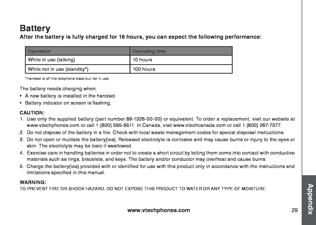 VTech 6031 important safety instructions Battery, Appendix 