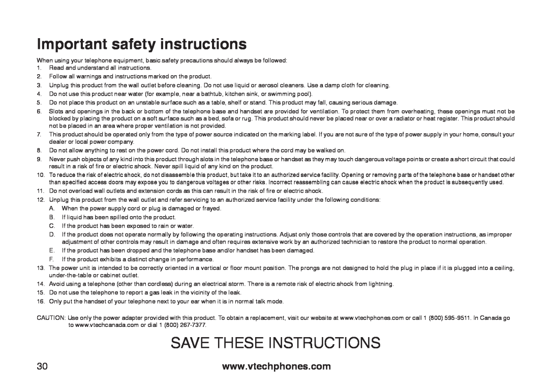 VTech 6031 important safety instructions Important safety instructions, Save These Instructions 