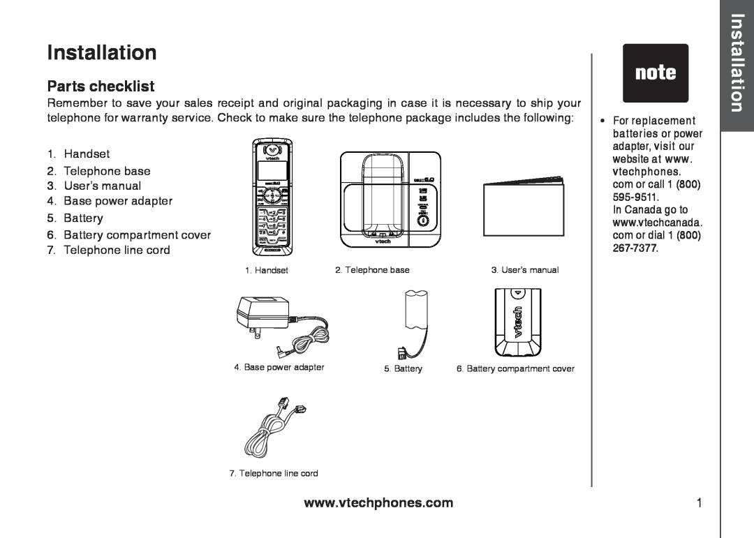 VTech 6031 important safety instructions Installation, Basic operation, Parts checklist 