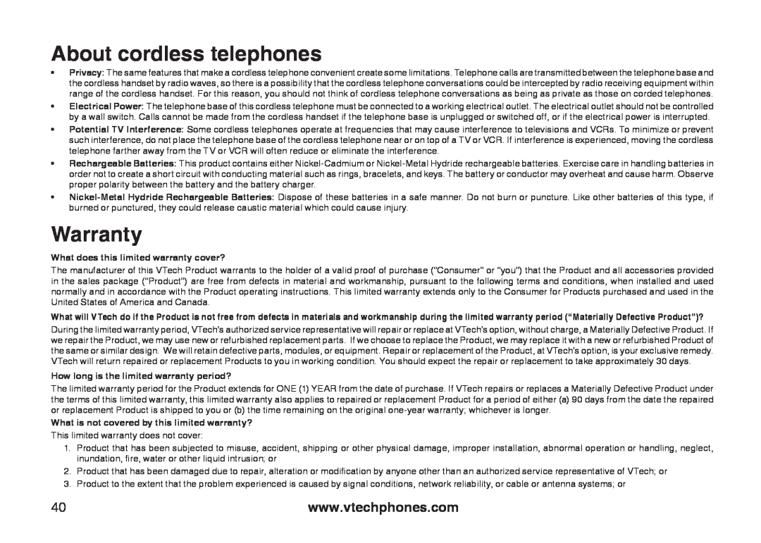 VTech 6031 important safety instructions About cordless telephones, Warranty, What does this limited warranty cover? 