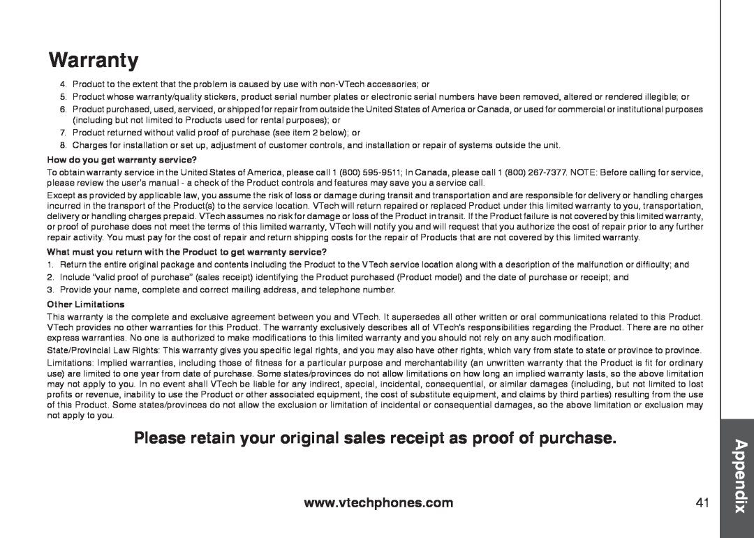 VTech 6031 Please retain your original sales receipt as proof of purchase, Warranty, How do you get warranty service? 