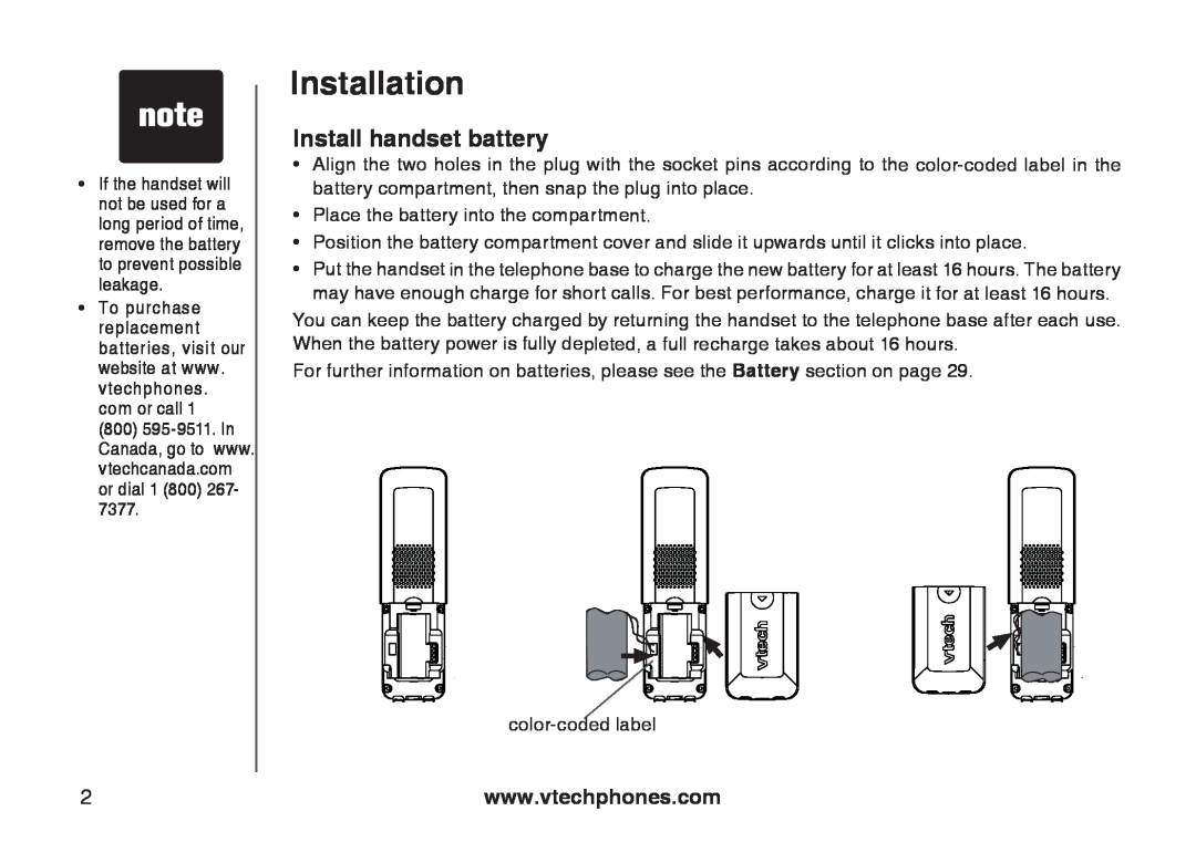 VTech 6031 important safety instructions Install handset battery, Installation 