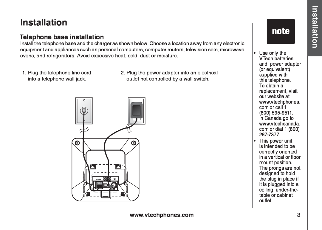 VTech 6031 important safety instructions Telephone base installation, Installation, Basic operation 
