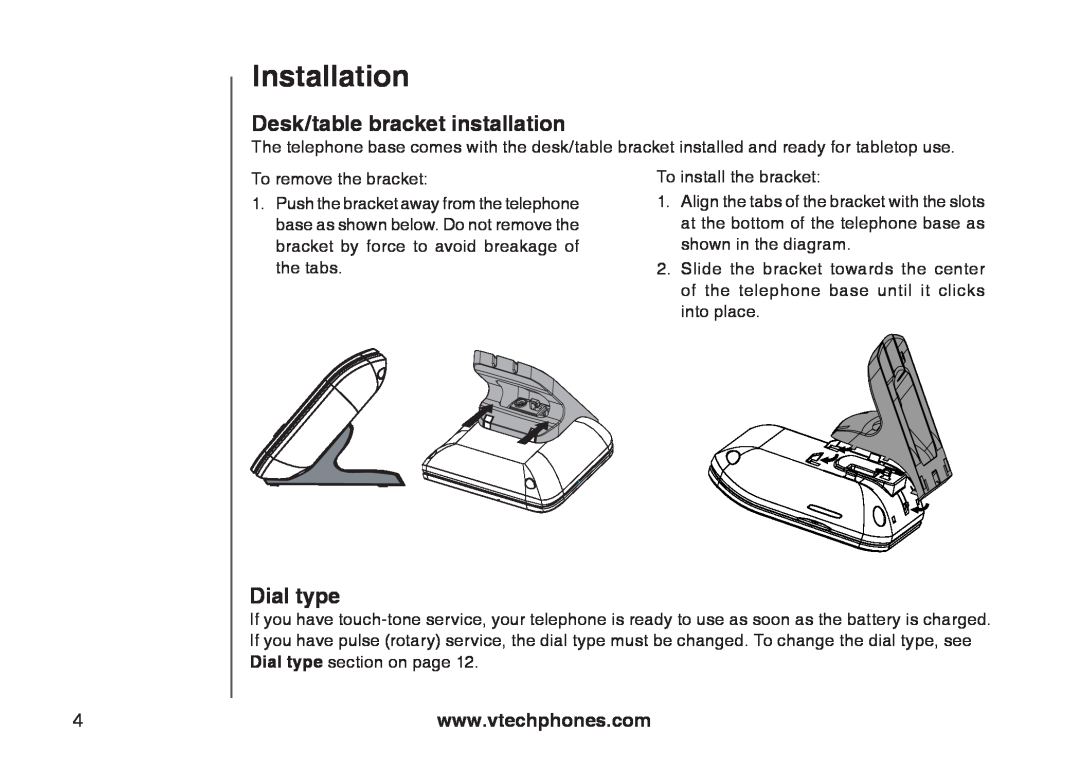 VTech 6031 important safety instructions Desk/table bracket installation, Dial type, Installation 