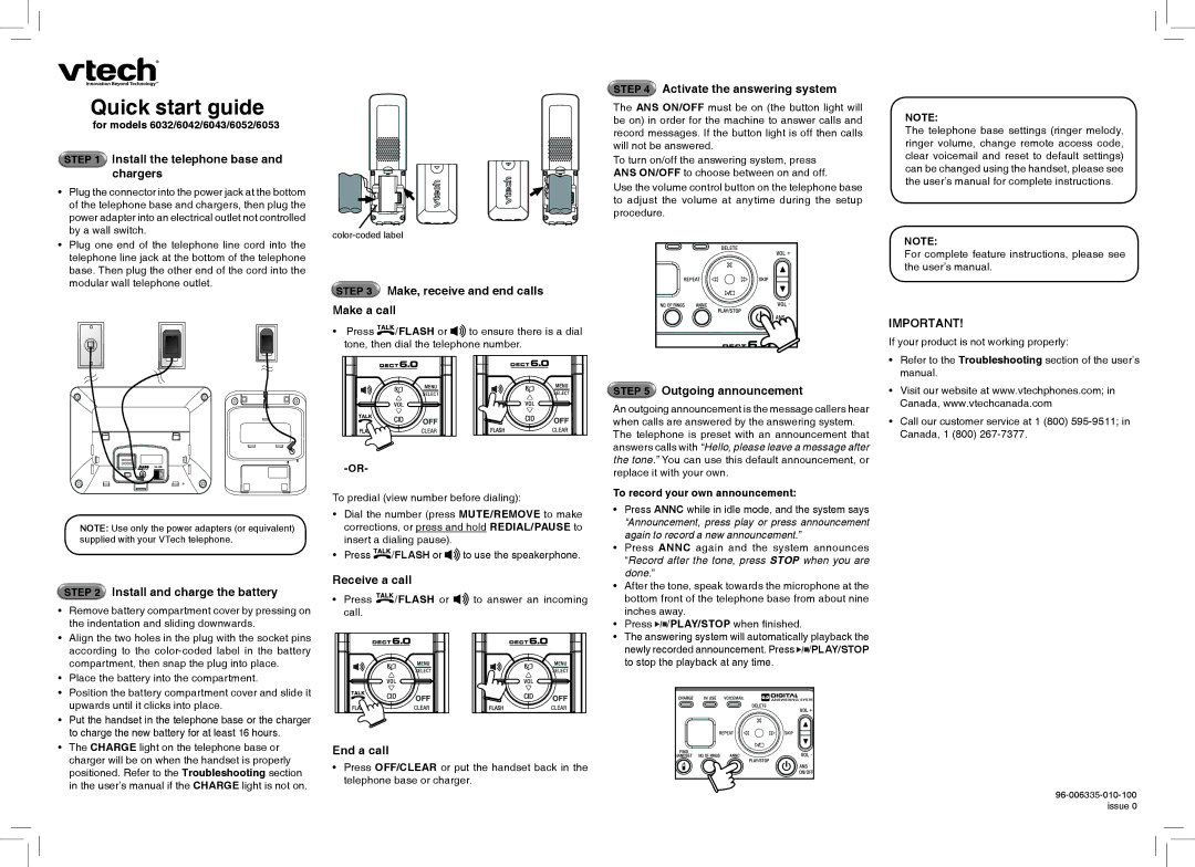 VTech 6052, 6043, 6053, 6032, 6042 quick start Quick start guide 