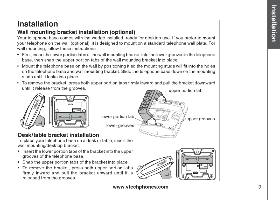 VTech 6778, 6787, I6767 Wall mounting bracket installation optional, Desk/table bracket installation, Lower grooves 