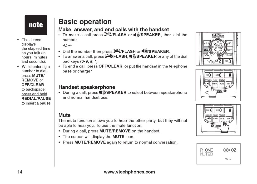 VTech I6767, 6778, 6787 Basic operation, Make, answer, and end calls with the handset, Handset speakerphone, Mute 