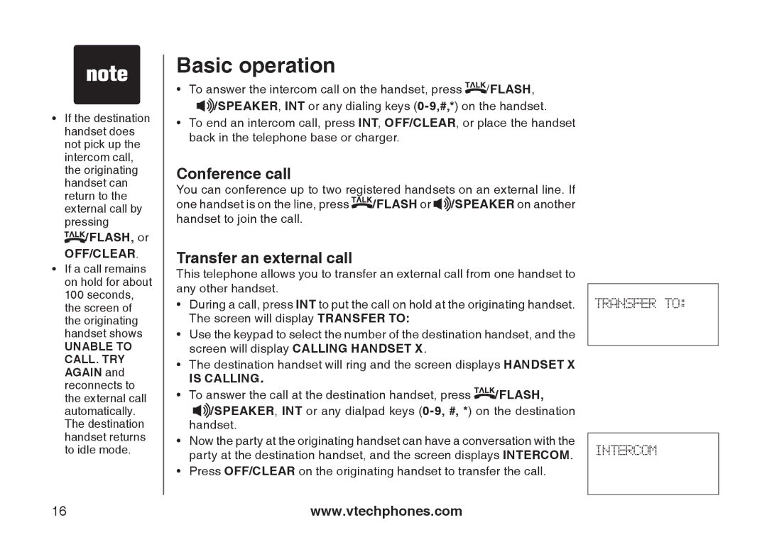 VTech 6787, 6778, I6767 important safety instructions Conference call, Transfer an external call, FLASH, or OFF/CLEAR 