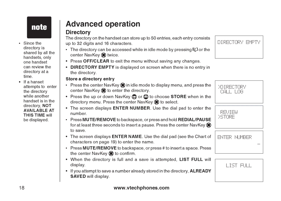 VTech 6778, 6787, I6767 important safety instructions Advanced operation, Directory, Store a directory entry 