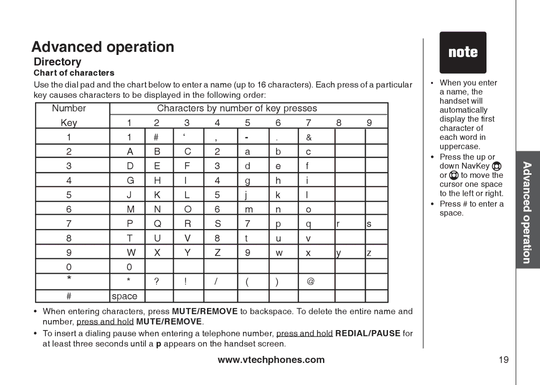 VTech 6787, 6778, I6767 important safety instructions Characters by number of key presses Key Space, Chart of characters 