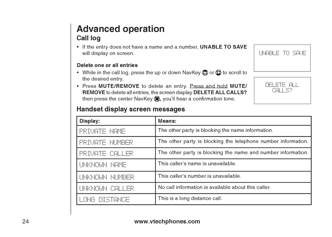 VTech 6778, 6787, I6767 Handset display screen messages, Delete one or all entries, Display Means 