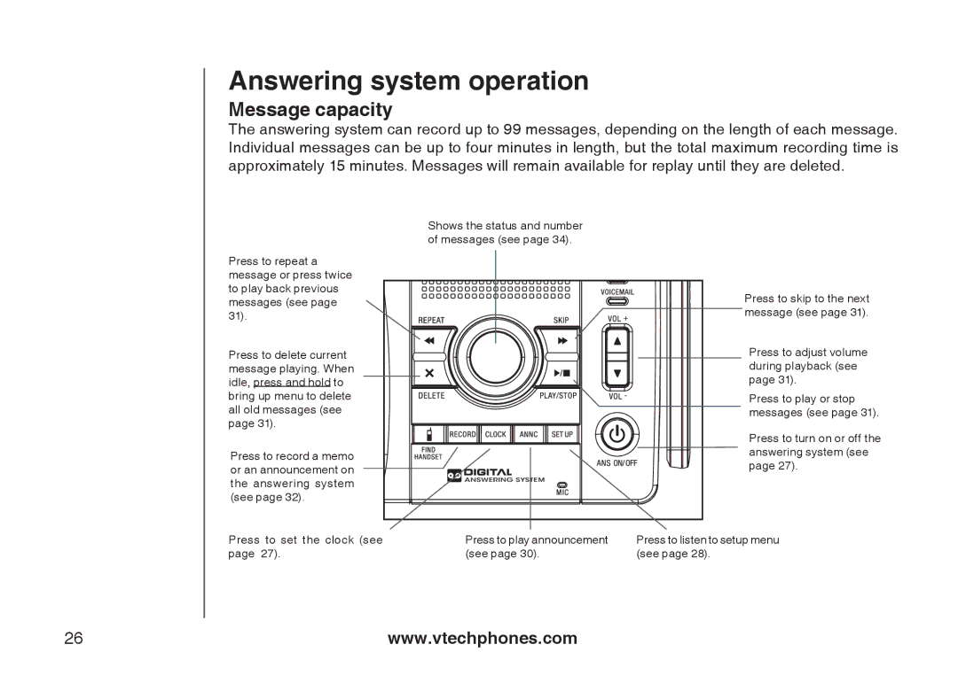 VTech I6767, 6778, 6787 important safety instructions Answering system operation, Message capacity 