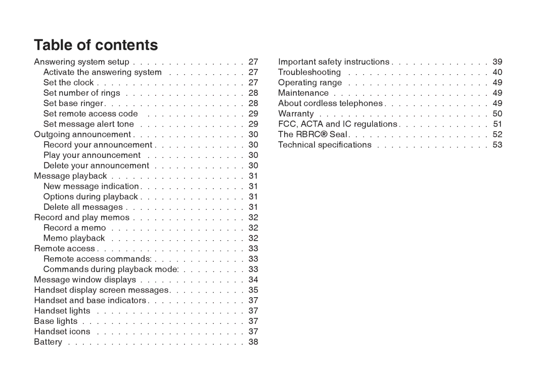 VTech 6778, 6787, I6767 important safety instructions Table of contents 