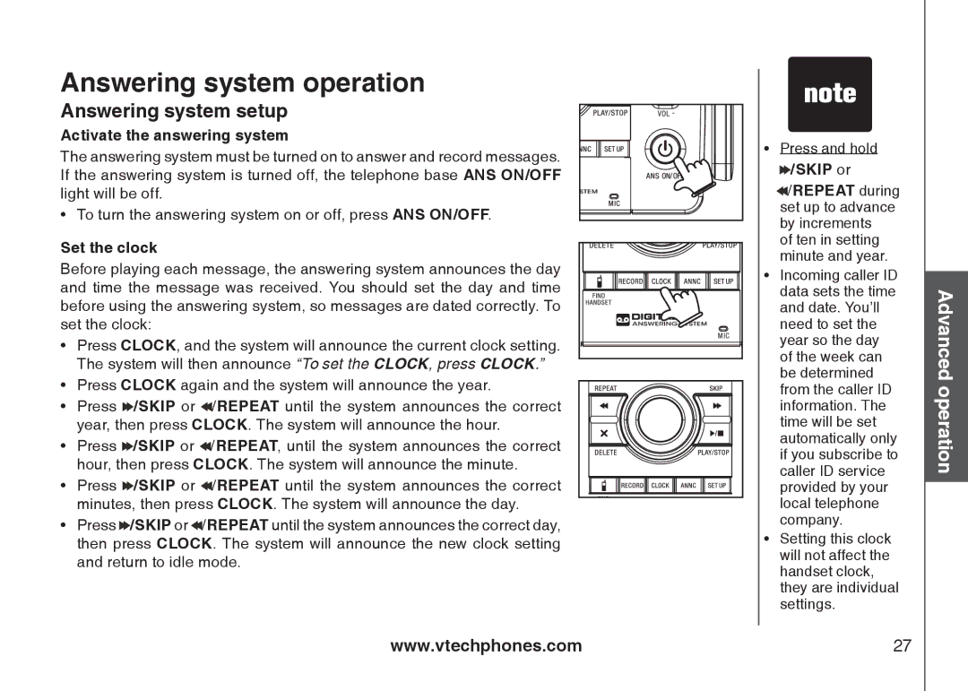 VTech 6778, 6787, I6767 important safety instructions Answering system setup, Activate the answering system, Set the clock 