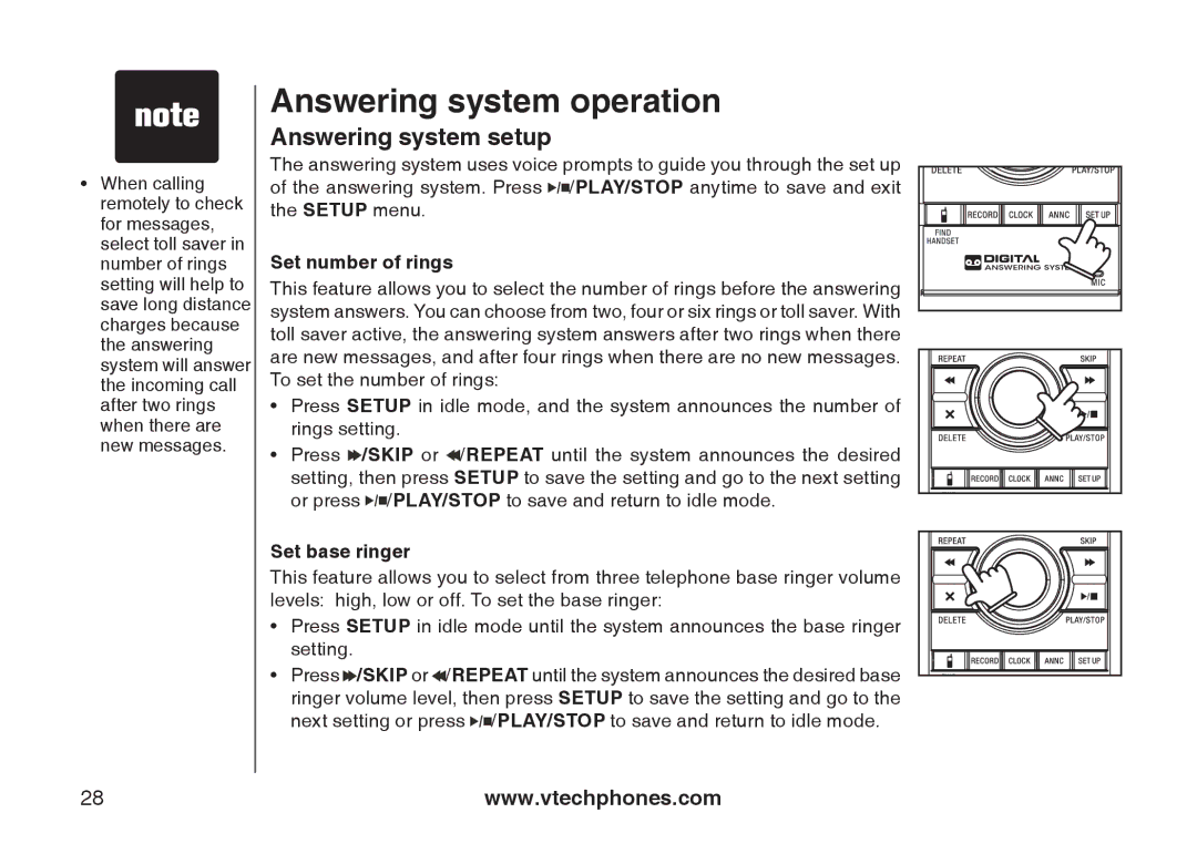 VTech 6787, 6778, I6767 important safety instructions Set number of rings, Set base ringer 