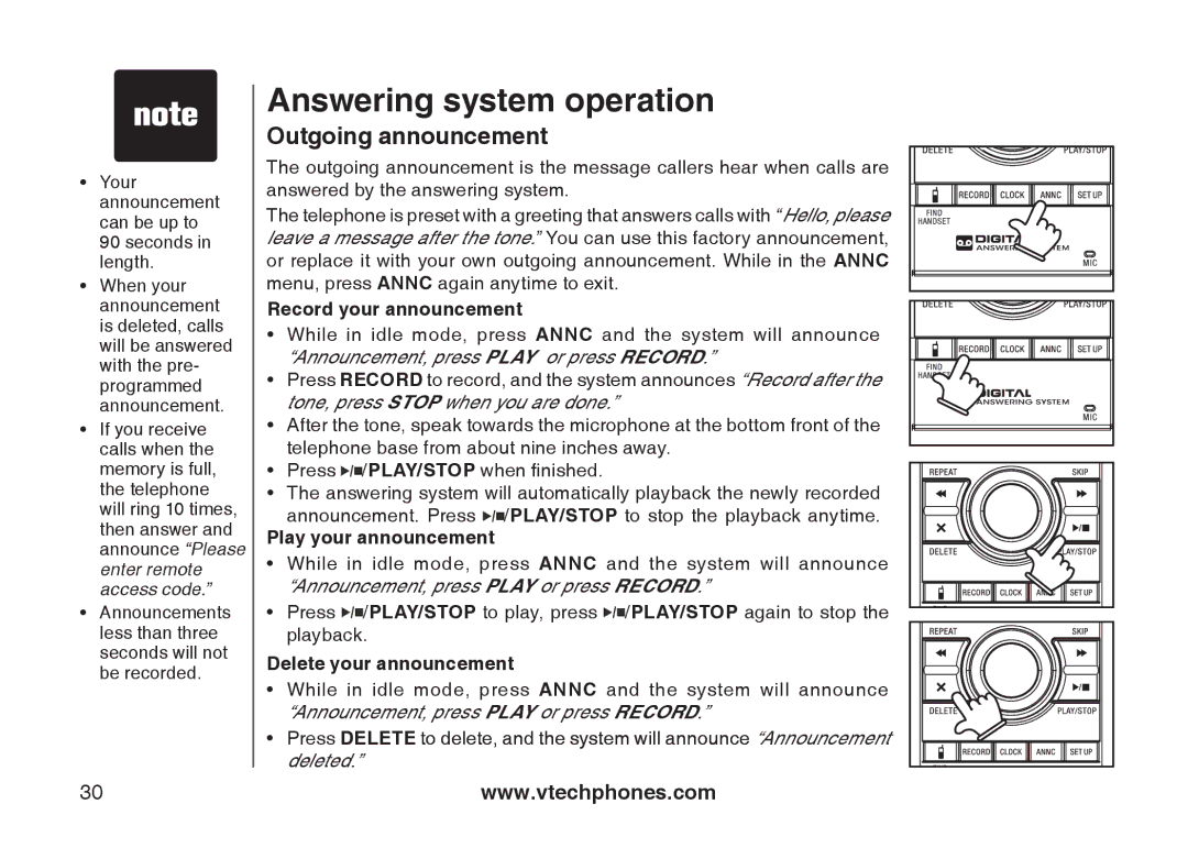 VTech 6778, 6787, I6767 Outgoing announcement, Record your announcement, Play your announcement, Delete your announcement 