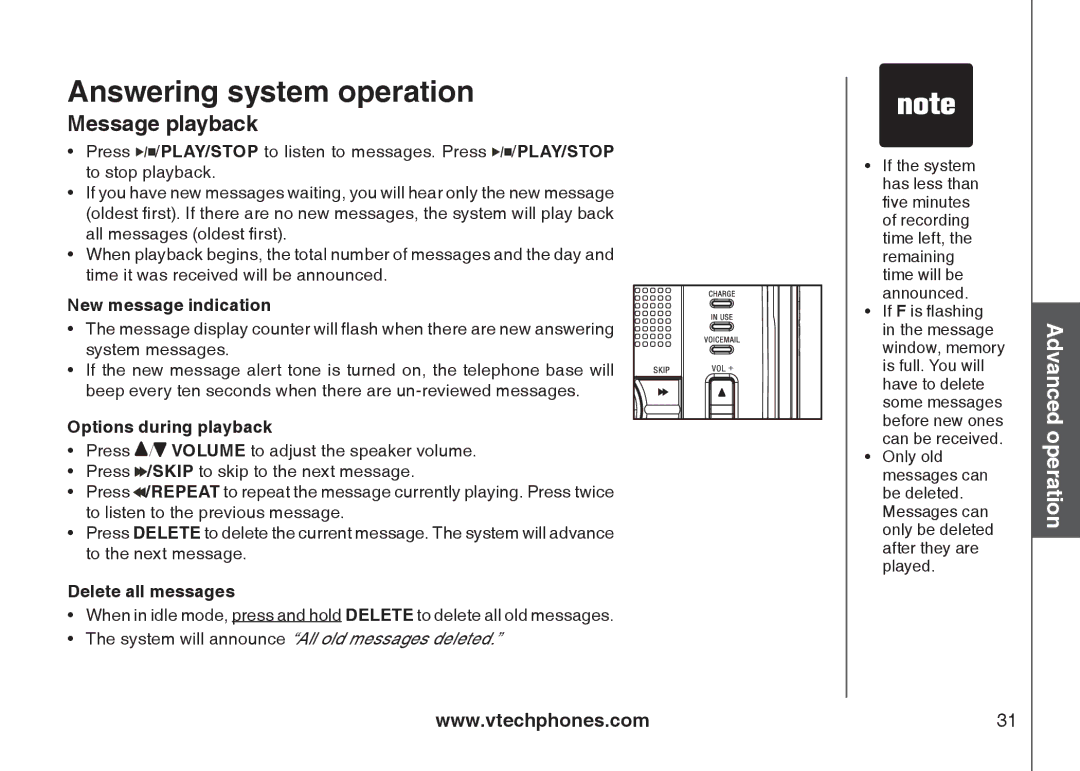 VTech 6787, 6778, I6767 Message playback, New message indication, Options during playback, Delete all messages 