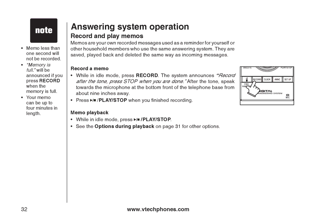 VTech I6767, 6778, 6787 important safety instructions Record and play memos, Record a memo, Memo playback 