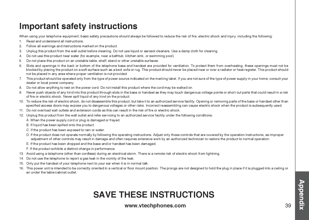 VTech 6778, 6787, I6767 important safety instructions Important safety instructions 