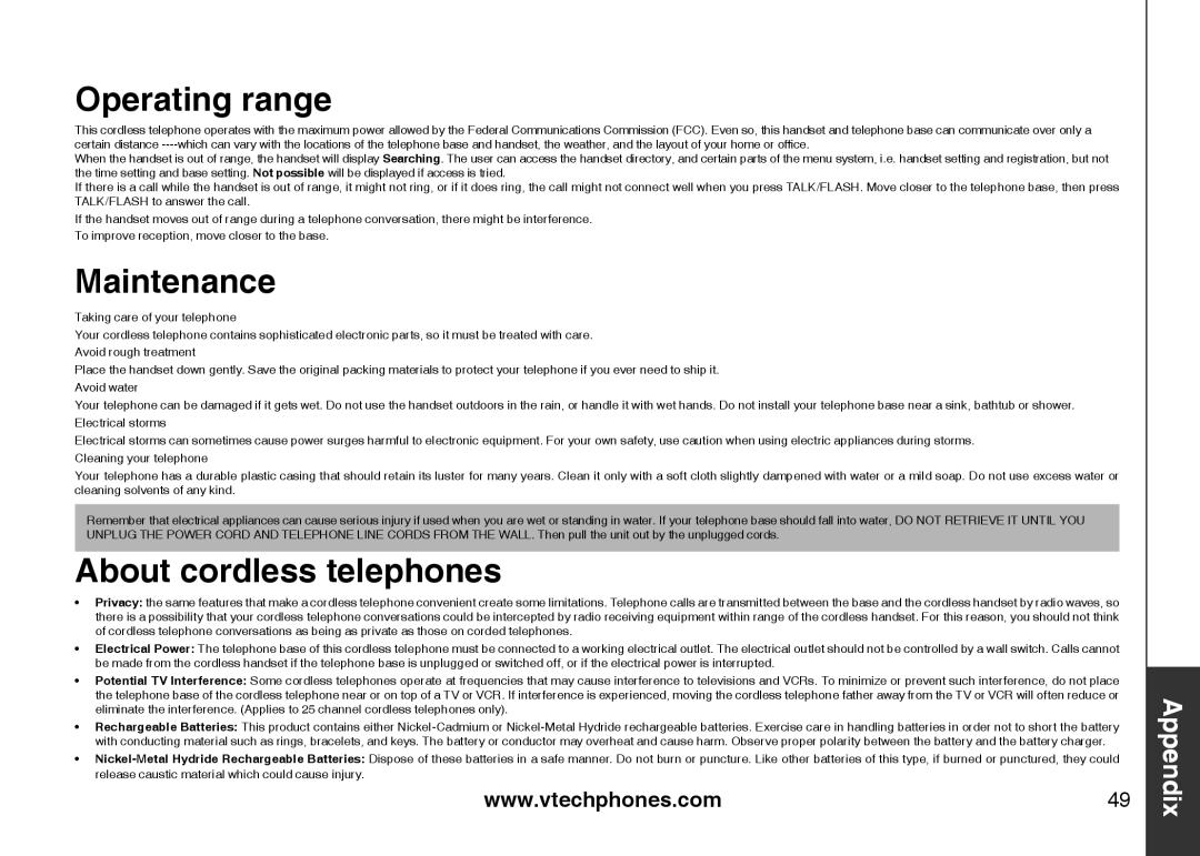 VTech 6787, 6778, I6767 important safety instructions Operating range, Maintenance, About cordless telephones 