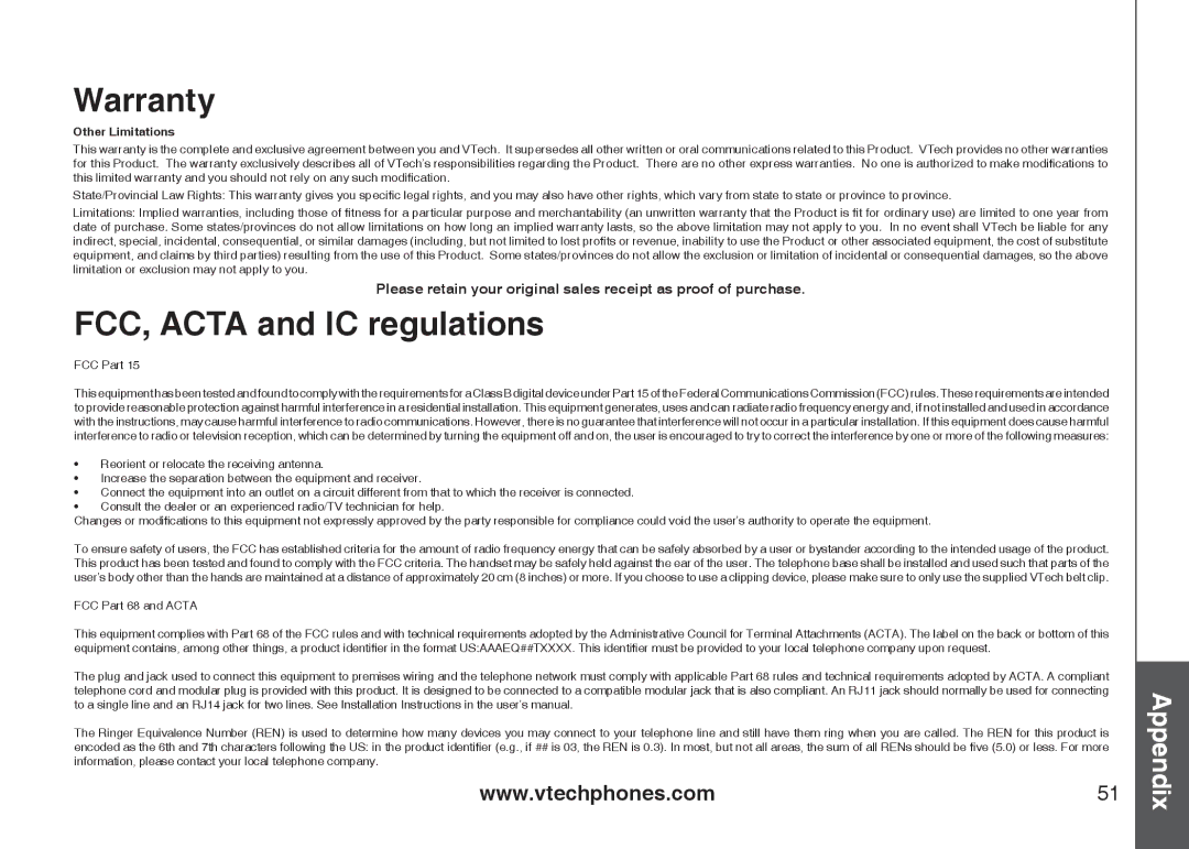 VTech 6778, 6787, I6767 important safety instructions FCC, Acta and IC regulations, Other Limitations 