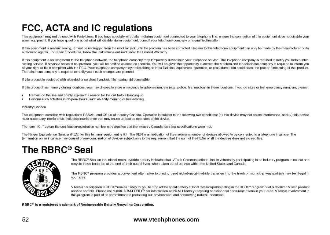 VTech 6787, 6778, I6767 important safety instructions Rbrc Seal 