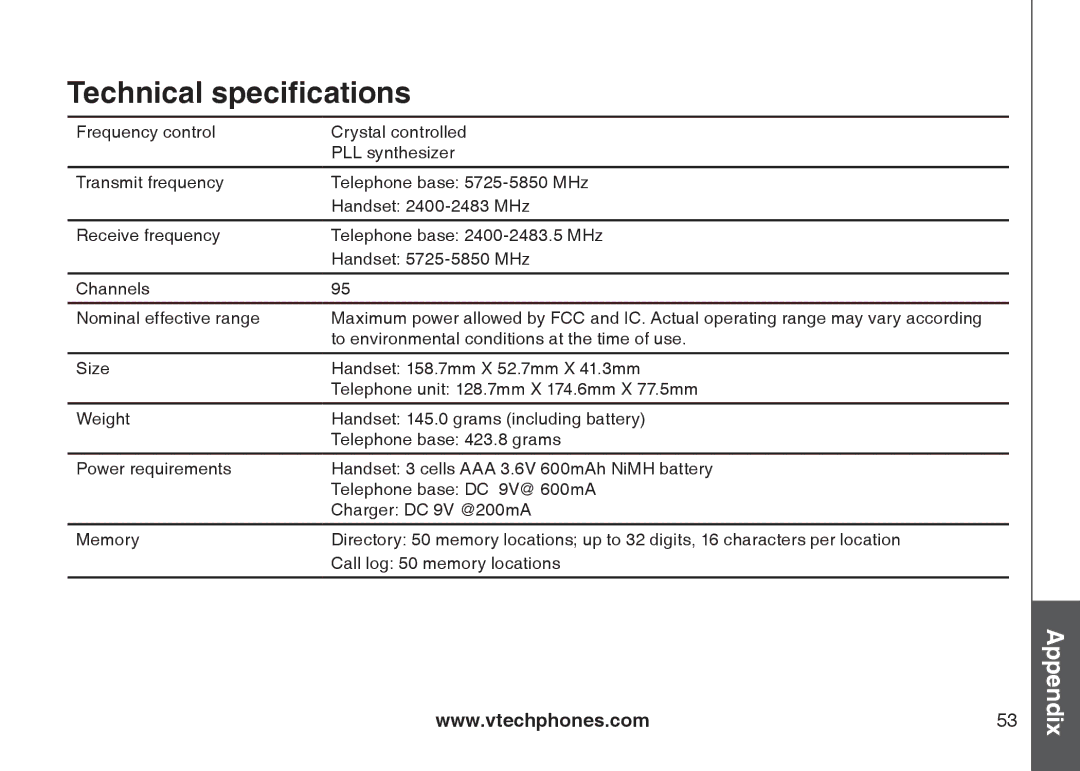 VTech I6767, 6778, 6787 important safety instructions Technical specifications 