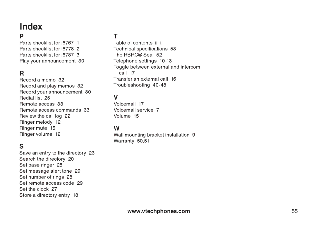 VTech 6787, 6778, I6767 important safety instructions Index 