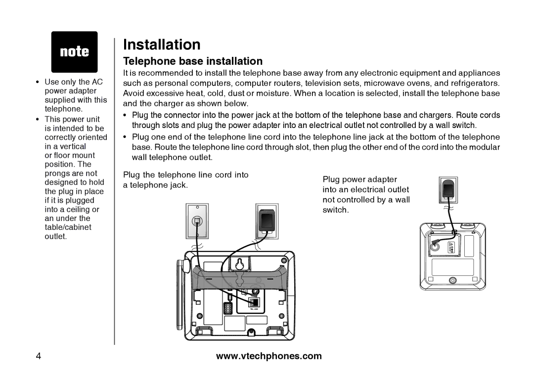 VTech 6787, 6778, I6767 important safety instructions Telephone base installation 