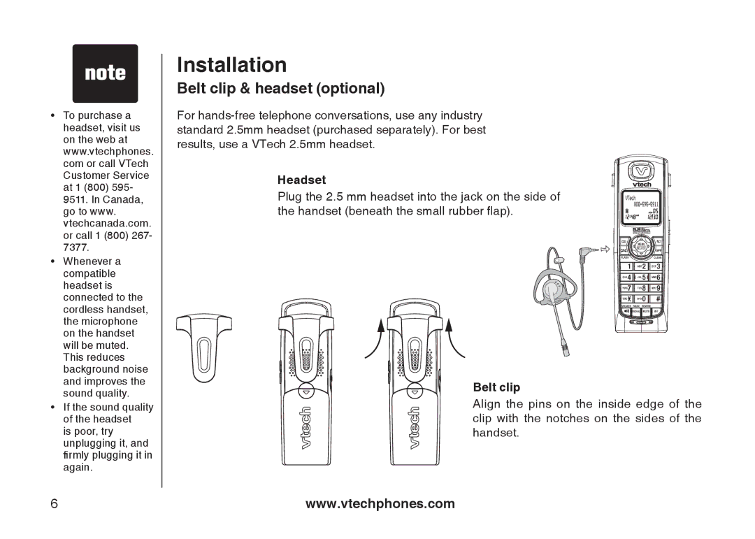 VTech 6778, 6787, I6767 important safety instructions Belt clip & headset optional, Headset 