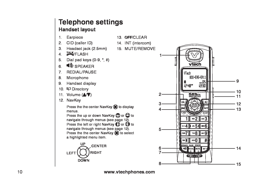 VTech 6787, 6778, I6767 important safety instructions Telephone settings, Handset layout, Up Center Left Right Down 