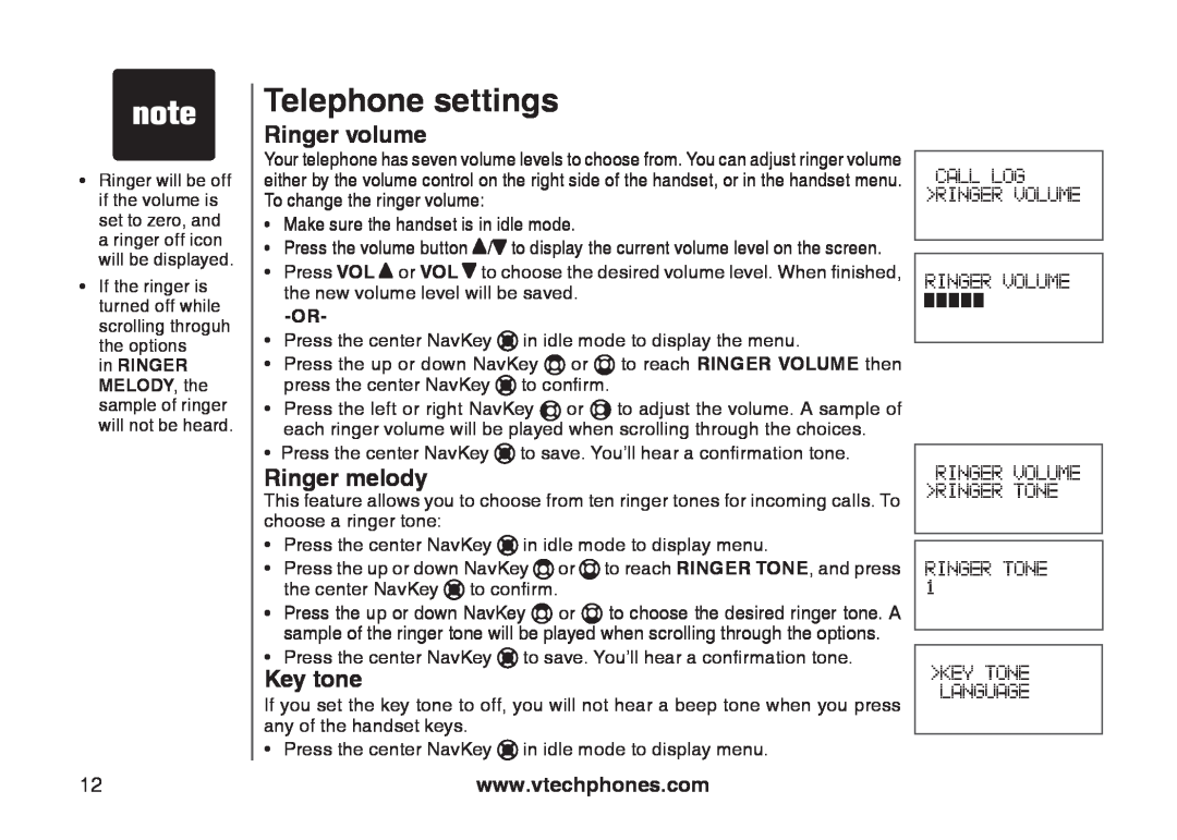 VTech 6778, 6787, I6767 important safety instructions Ringer volume, Ringer melody, Key tone, Telephone settings 
