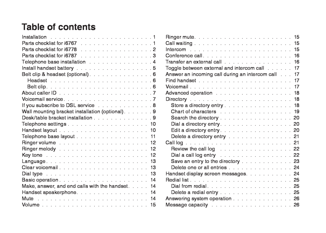 VTech I6767, 6778, 6787 important safety instructions Table of contents 