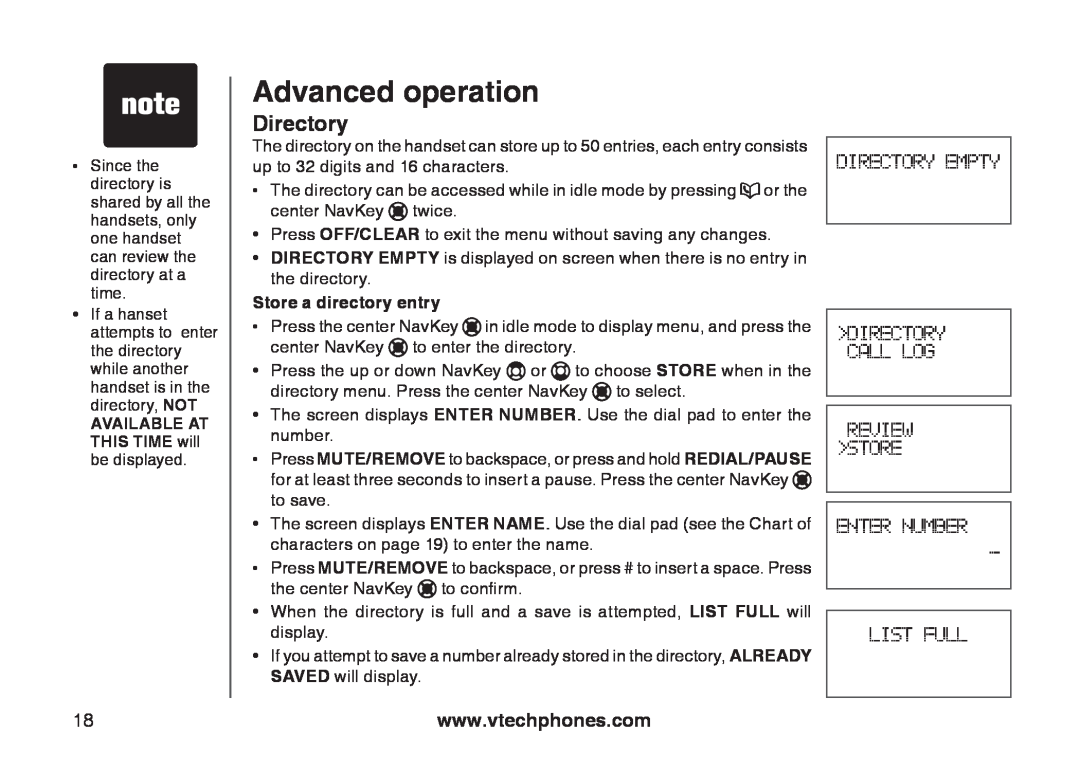 VTech 6778, 6787, I6767 important safety instructions Advanced operation, Directory, Store a directory entry 
