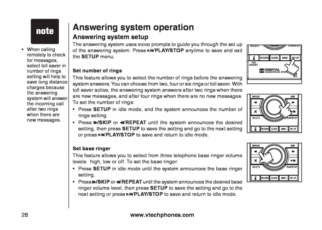 VTech 6787, 6778, I6767 Set number of rings, Set base ringer, Answering system operation, Answering system setup 