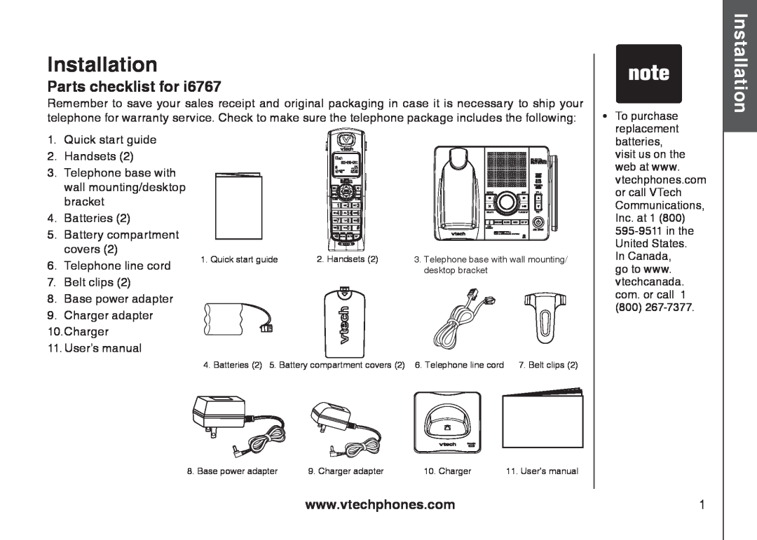 VTech 6787, 6778, I6767 important safety instructions Installation, Basic operation, Parts checklist for 