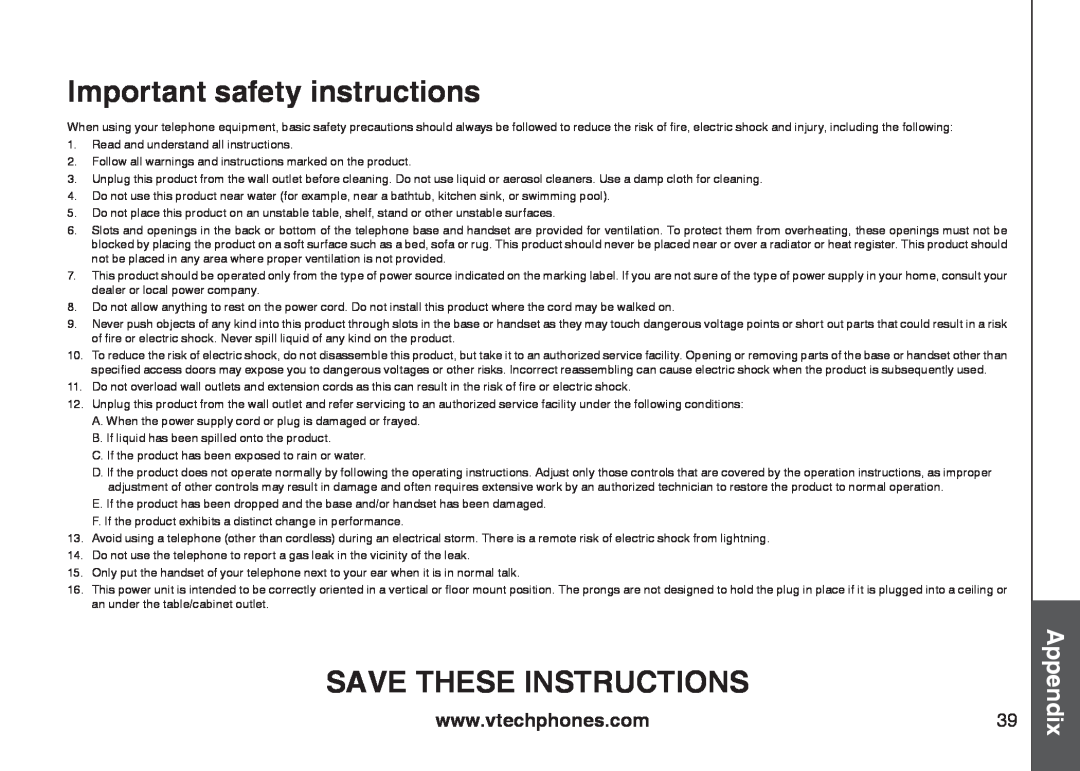 VTech 6778, 6787, I6767 important safety instructions Important safety instructions, Save These Instructions, Appendix 