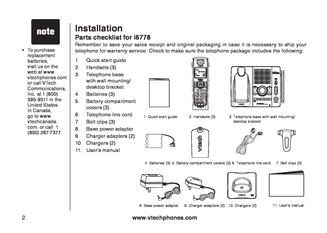 VTech I6767, 6778, 6787 important safety instructions Installation, Parts checklist for 