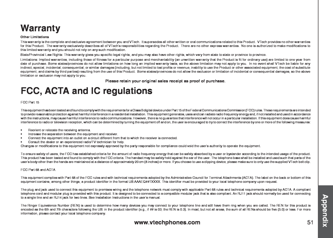 VTech 6778, 6787, I6767 important safety instructions FCC, ACTA and IC regulations, Warranty, Appendix, Other Limitations 